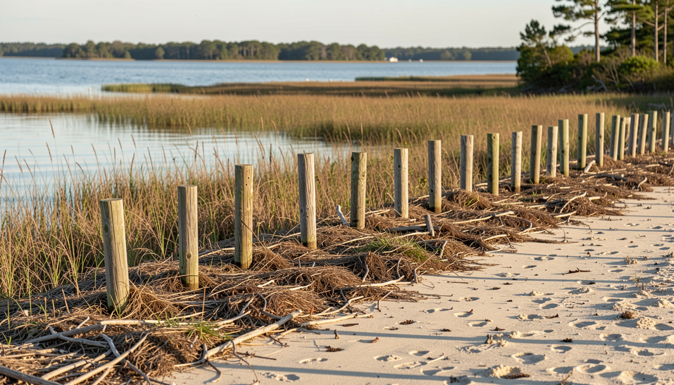 A wooden stake line on dry sand at the marsh edge of Bogue Sound, wrack below it, morning light from the east, wide shot with the sound filling the background.