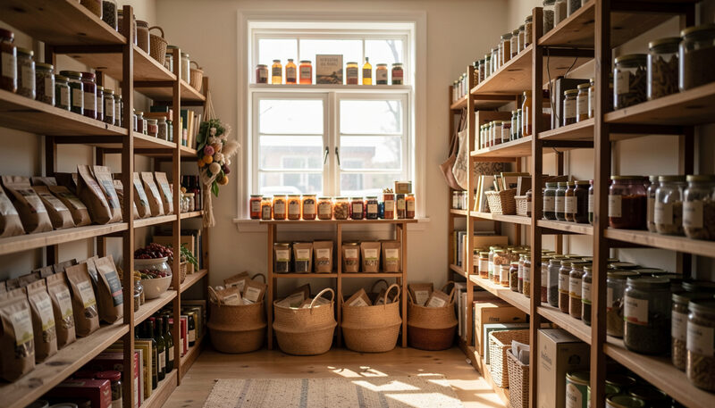 Wooden shop shelves holding jars, baskets and local goods