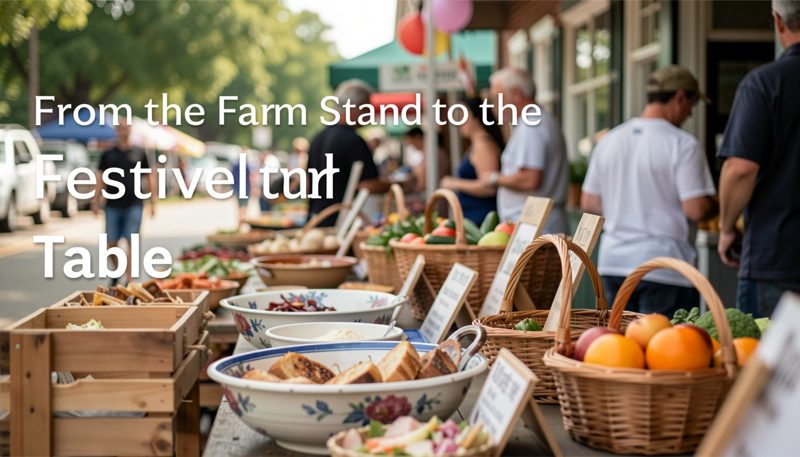 A farm stand table loaded with crates of vegetables beside a chalk price board in morning sun