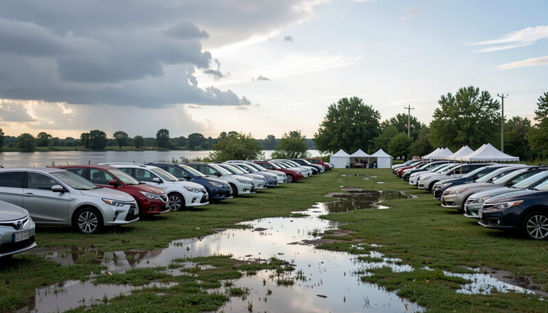 Rows of parked cars on a wet grass field beside a riverside park after a summer storm, vendor tents in the distance