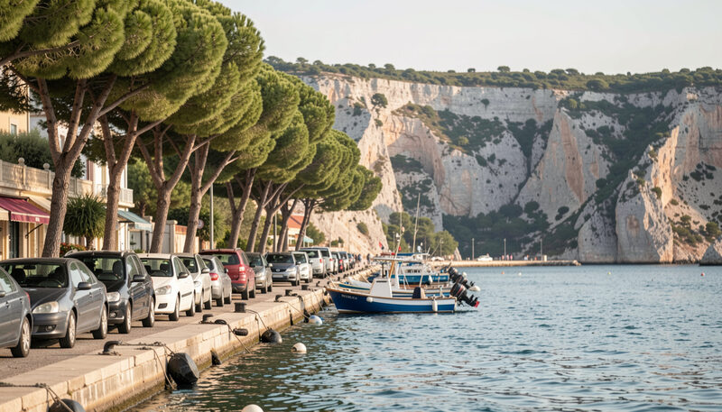 A harbor quay lined with parked cars and plane trees beside moored fishing boats and limestone cliffs