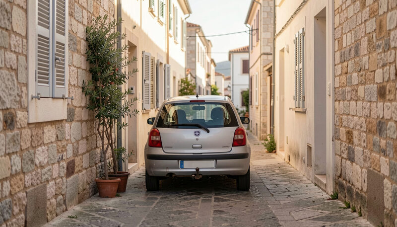 A small hatchback parked tight against a stone wall in a narrow lane between pale shuttered houses