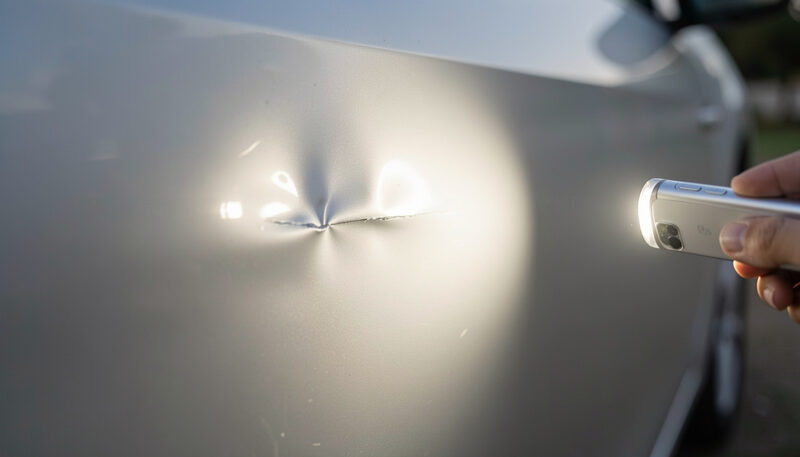 A silver car door with a shallow dent lit from the side by a phone lamp so the dent shows as bent reflections