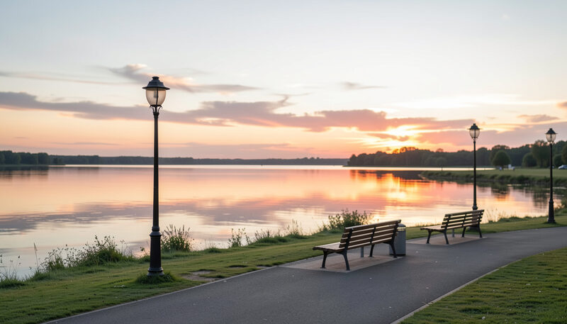 A riverside bench and lamp posts beside still water at sunset