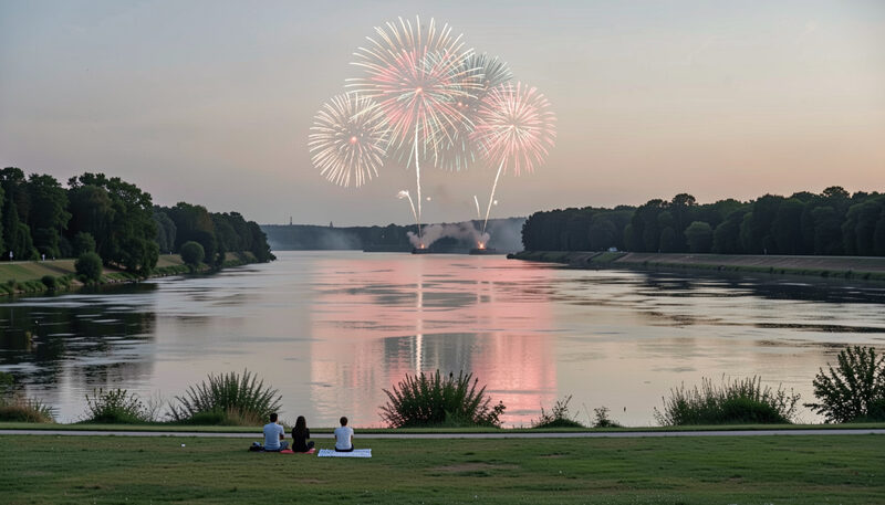 Fireworks over a wide river at dusk seen from a grassy park where three people sit on blankets