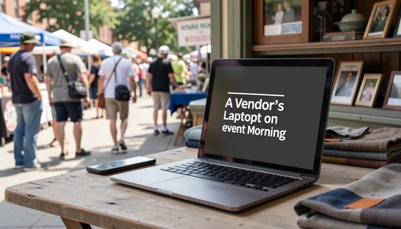 A laptop open on a vendor table beside a card reader, receipt paper and a cash box at dawn