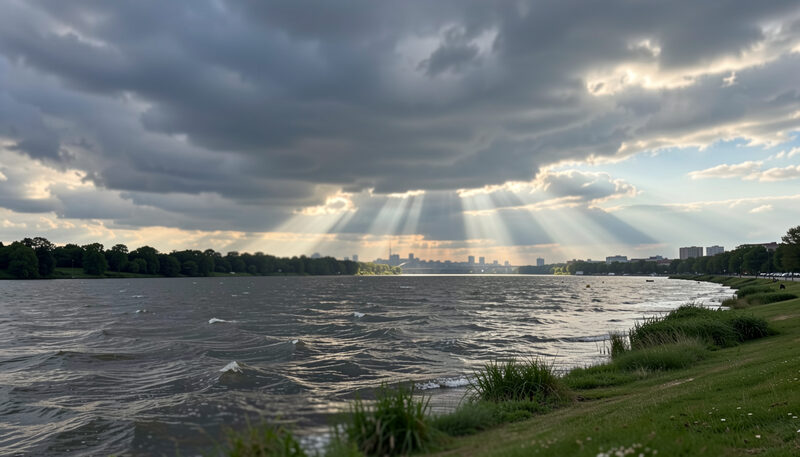 Dark clouds and shafts of sunlight above rough river water
